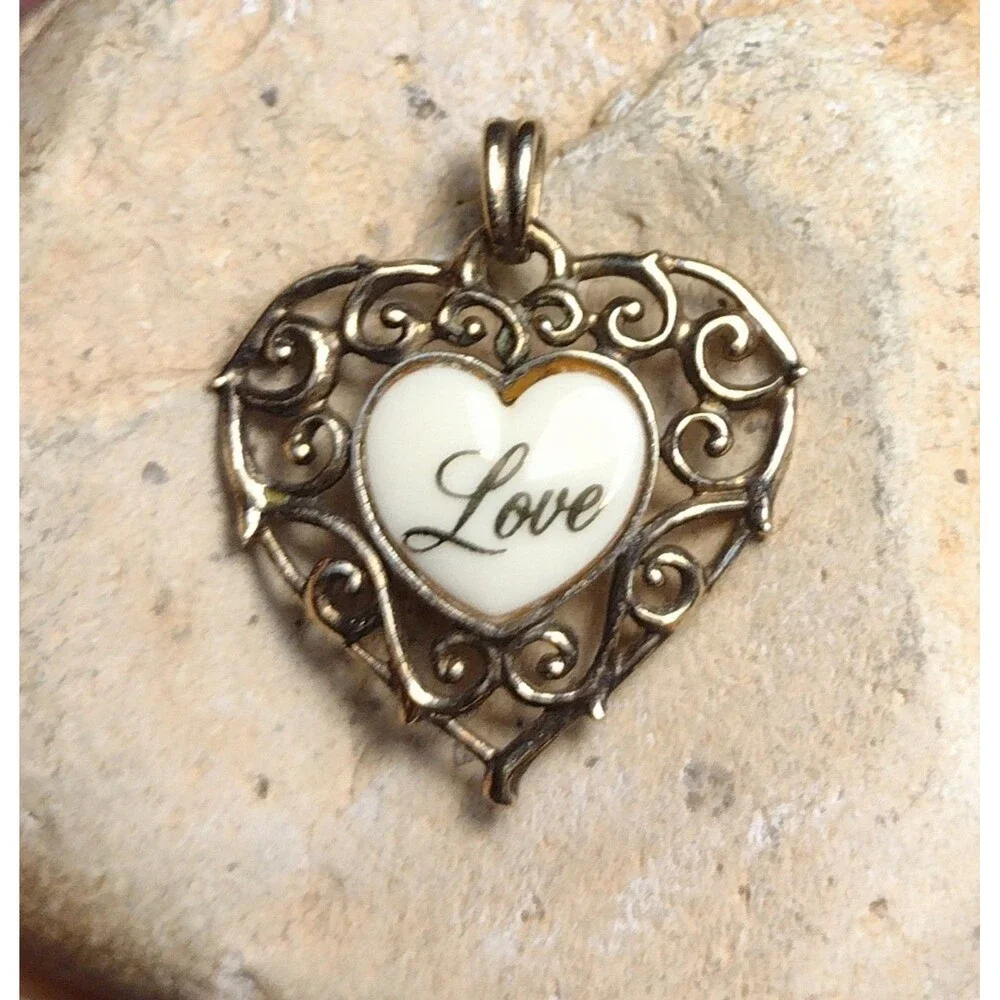 Vintage Lennox China Silver Silver 14k Gold Wash Heart Pendant